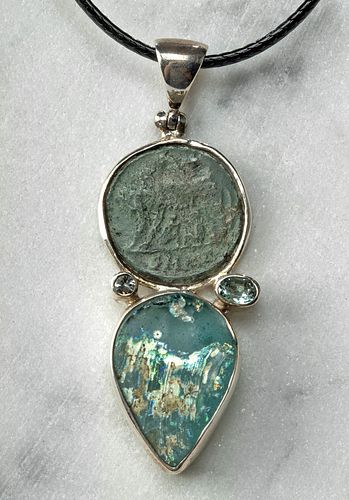 Roman Coin & Glass Pendant w/ Aquamarine Stones