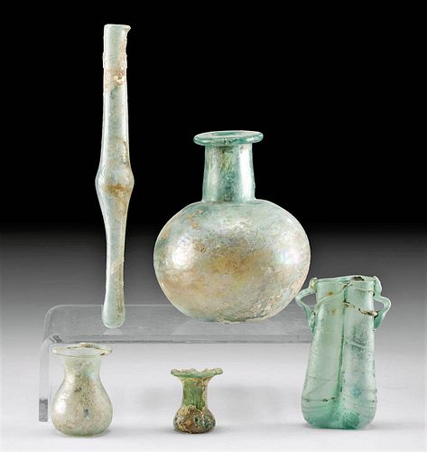 5 Stunning Roman Glass Vessels - 2 Unguentaria + 3 Jars