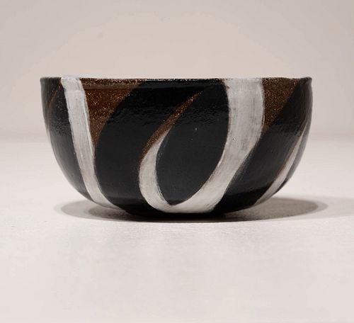 Jenifer Kobylarz, Wheel thrown bowl with white and black pattern and white glaze inside, 2021, 5 x 5 x 2.5 inches
