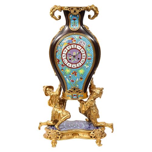 A French Japonisme Ormolu, Patinated Bronze, and Cloisonne Enamel Mantel Clock