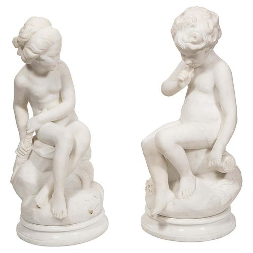 Charming Pair of Italian Carrara Marble Figures of Children, 19th Century