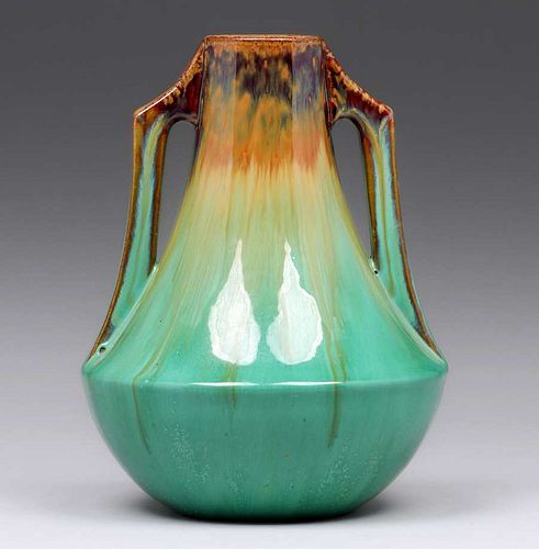 Fulper Pottery Mahogany & Green Flambe Two-Handled Vase c1910s