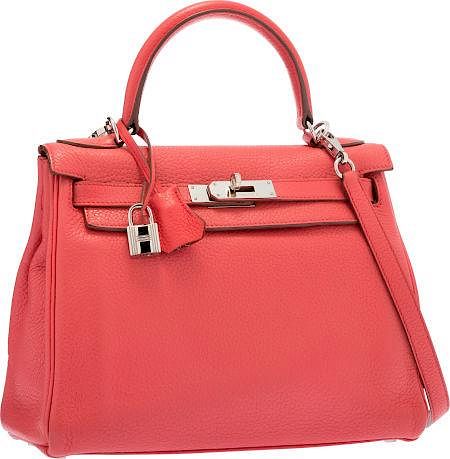 Hermes 28cm Rose Jaipur Clemence Leather Retourne Kelly Bag with Palladium Hardware Very Good Condition 11" Width x 8" Height x 4" Depth
