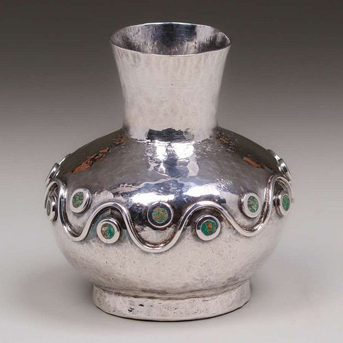 Los Castillo - Taxco Mexico Hammered Copper Silver-Plated & Turquoise Vase c1940s