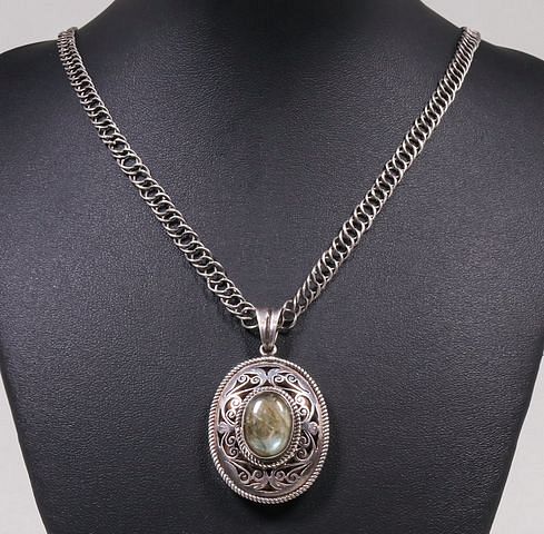 Arts & Crafts Moonstone Reticulated Oval Pendant Necklace c1910