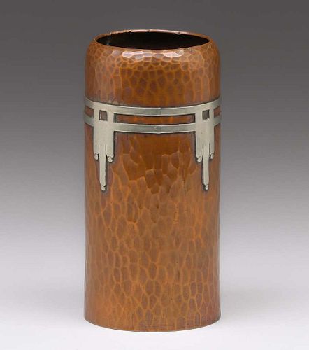 Roycroft Dard Hunter Design Silver Overlay Hammered Copper Vase c1910s