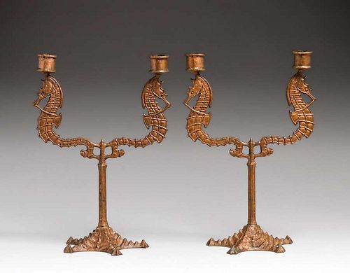 E.T. Hurley Bronze Seahorse Double Candlesticks c1920s