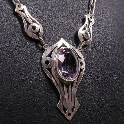 Chicago A&C Faceted Amethyst Sterling Silver Cutout Necklace c1910