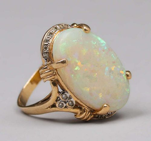 Large Opal 14k Gold & Diamond Ring c1920s