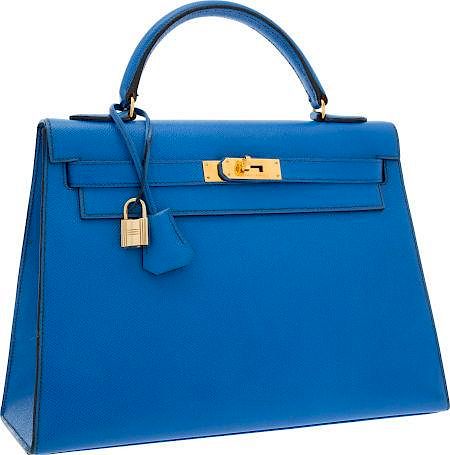 Hermes 32cm Blue France Courchevel Leather Sellier Kelly Bag with Gold Hardware Very Good Condition 12.5" Width x 9" Height x 4" Depth