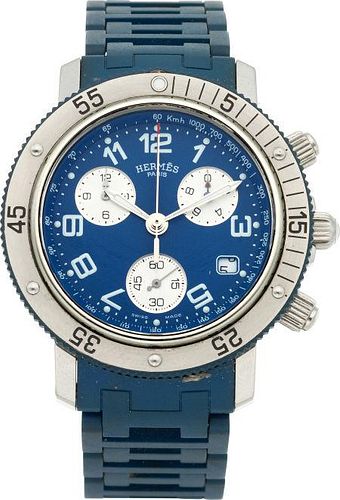 Hermes Stainless Steel Clipper GM Chronograph with Blue PVC Wrist Strap Excellent to Pristine Condition 1.5" Width x 6.5" Length