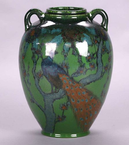 Rookwood E.T. Hurley Jeweled Porcelain Two-Handled Peacock Vase 1924