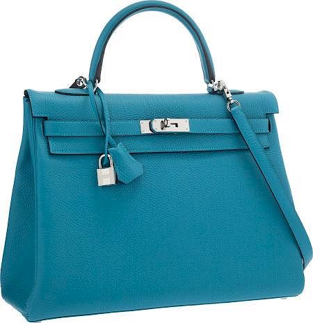 Hermes 35cm Turquoise Togo Leather Retourne Kelly Bag with Palladium Hardware Pristine Condition 14" Width x 10" Height x 5" Depth