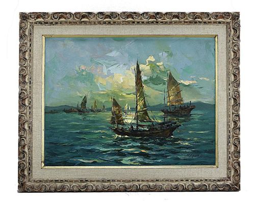 OIL PAINTING ON CANVAS OF VESSELS BY H. LEUNG