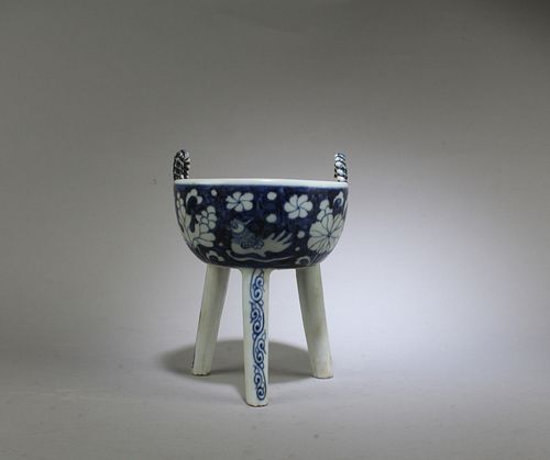 Chinese Blue & White Tripod Incense Burner