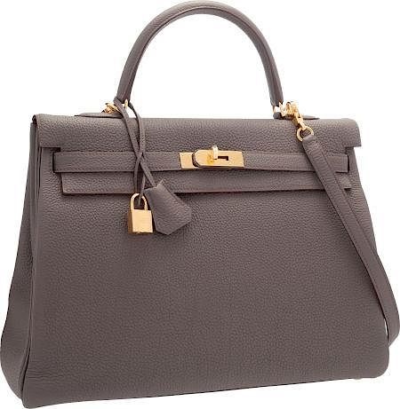 Hermes 35cm Etain Togo Leather Retourne Kelly Bag with Gold Hardware Pristine Condition 14" Width x 10" Height x 5" Depth