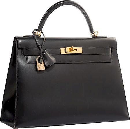 Hermes 32cm Black Calf Box Leather Sellier Kelly Bag with Gold Hardware Very Good Condition 12.5" Width x 9" Height x 4" Depth