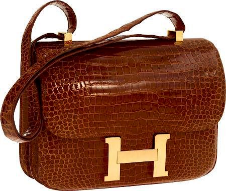 Hermes 29cm Shiny Miel Porosus Crocodile Double Gusset Constance Bag with Gold Hardware Very Good Condition 11" Width x 8" Height x 3.5" Depth
