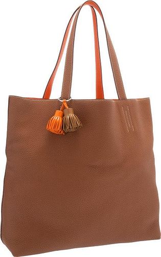 Hermes Gold & Orange H Clemence Leather Double Sens PM Tote Bag with Carmen Charm Excellent to Pristine Condition 14" Width x 13" Height x 5" Depth