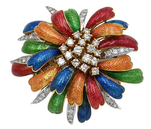 18 Karat White and Yellow Gold Rainbow Enameled Floral Brooch, set with diamonds, red, orange, green and blue enameling, 16 diamonds in center along w