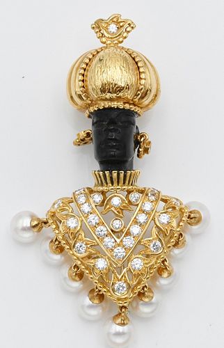18 Karat Gold Blackamoor Figure, having crown and earrings set with diamond, chest set with 27 diamonds and hanging pearls, height 3 inches, 40 grams 