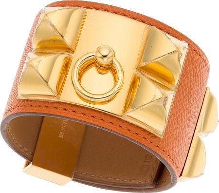 Hermes Potiron Epsom Leather Collier de Chien Bracelet with Gold Hardware Pristine Condition 1.5" Width