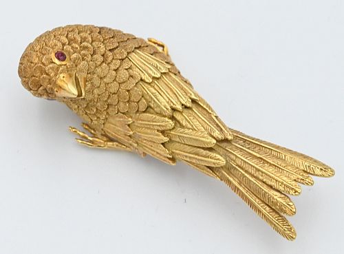 Erwin Pearl 18 Karat Gold Bird Brooch, having ruby eye, height 2 1/4 inches, 21.3 grams.