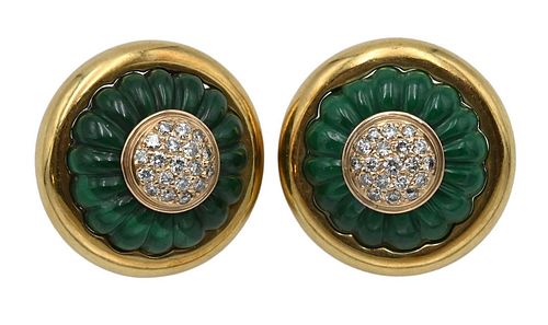 Pair of 14 Karat Gold Round Earrings, mounted with malachite and center with diamonds, total weight 30 grams.