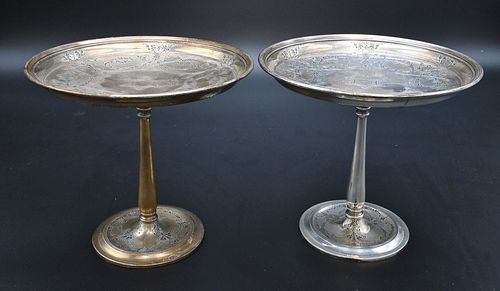 Tiffany & Company Makers Pair of Sterling Silver Compotes, each having chased floral designs, height 5 3/4 inches, diameter 6 3/8 inches, 26.6 t.oz.