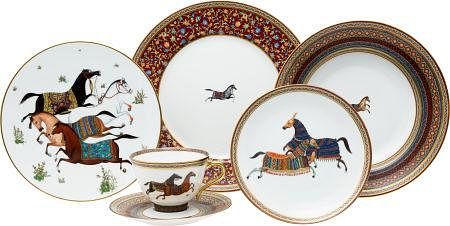 Hermes Set of 78; Limoges Porcelain "Cheval d'Orient," Fourteen Place Setting Excellent Condition Salad Plates: 8.5" Diameter; Dinner Plates: 10.5" Di
