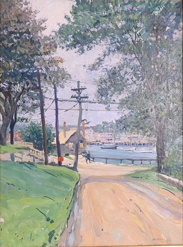 Jane Peterson (1876 - 1965), Road to Rocky Neck, East Gloucester, oil on canvas, depicting country dirt road with Gloucester Harbor in background, 40"