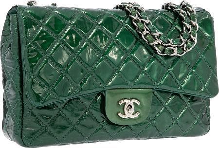 Chanel Pearlescent Green Quilted Patent Leather Jumbo Single Flap Bag with Silver Hardware Very Good to Excellent Condition 12" Width x 8" Height x 3"