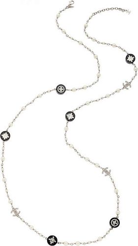 Chanel Black & White Glass Pearl, Enamel and Crystal Necklace Very Good Condition .5" Width x 40" Length