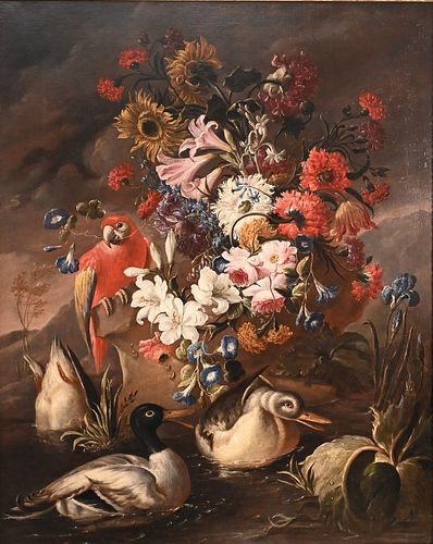 Attributed to Andrea Belvedere (1642 - 1732), floral still life with a parrot and ducks, oil on canvas, unsigned, 49 1/2" x 39 1/4". Provenance: Offer