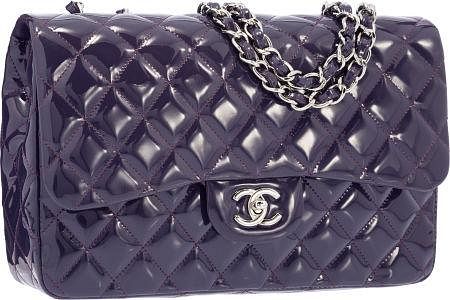 Chanel Purple Quilted Patent Leather Jumbo Single Flap Bag with Silver Hardware Excellent to Pristine Condition 12" Width x 8" Height x 3" Depth