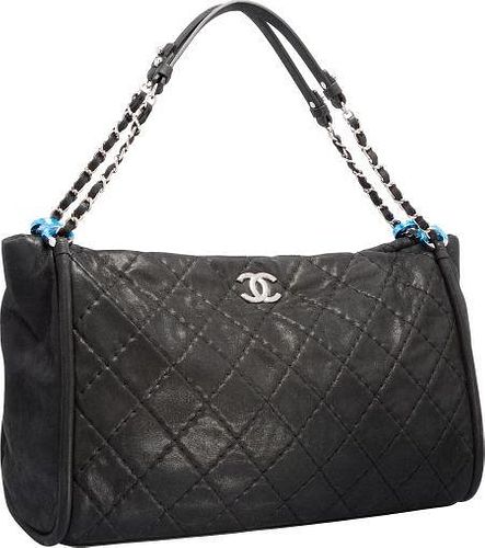 Chanel Black Quilted Velvet Leather Shopping Tote Bag with Silver Hardware Excellent to Pristine Condition 15" Width x 10" Height x 7" Depth
