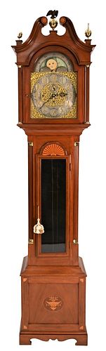 Bigelow Kennard & Company, Boston, custom mahogany tall case clock, to include five tube with Elliot works, having moon phases, inlaid broken arch top