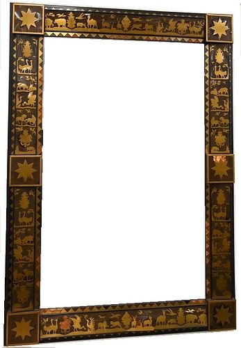 Ebony Wood Brass Inlaid Mirror, having rhino, camels, lions, horses, birds and stars, 37 1/2" x 54 1/2", (some pieces missing). Provenance: A. Smith A