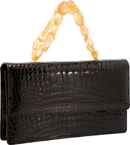 Darby Scott Shiny Brown Crocodile Bag with Jeweled Handle Excellent Condition 10.5" Width x 6" Height x 1.5" Depth