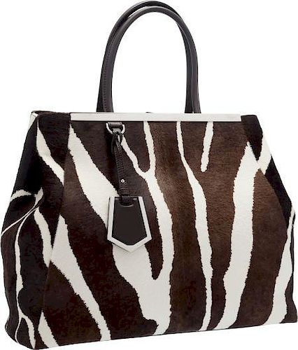 Fendi Zebra Ponyhair & Brown Leather 2 Jours Tote Bag with Silver Hardware Excellent Condition 15" Width x 12.5" Height x 6" Depth