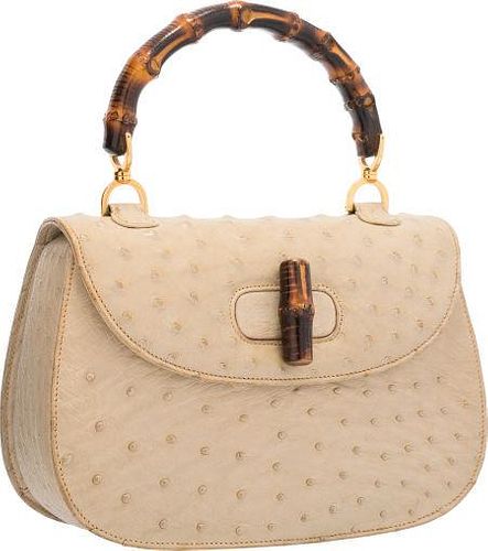 Gucci Beige Ostrich Bamboo Top Handle Bag with Gold Hardware Good Condition 10" Width x 7" Height x 3" Depth