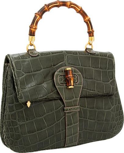 Gucci Matte Green Alligator Bamboo Top Handle Bag Excellent Condition 15" Width x 11" Height x 3" Depth