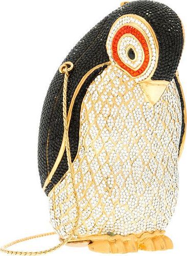 Judith Leiber Full Bead Black & Silver Crystal Penguin Minaudiere Evening Bag Very Good to Excellent Condition 3" Width x 5.5" Height x 3" Depth