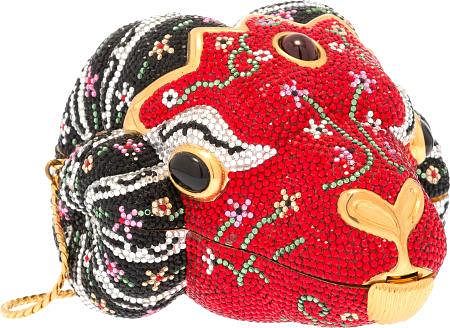 Judith Leiber Full Bead Red & Black Crystal Ram Minaudiere Evening Bag Very Good to Excellent Condition 4.5" Width x 3.5" Height x 5.5" Depth