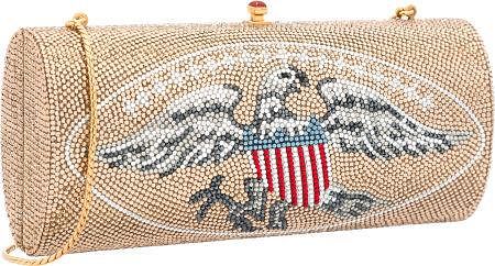 Judith Leiber Limited Edition Full Bead Gold & Silver Crystal Presidential Crest Minaudiere Evening Bag, 1/3 Very Good to Excellent Condition 6.5" Wid