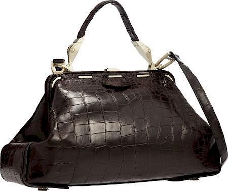 Kieselstein Cord Matte Brown Alligator Top Handle Bag with Gold Hardware Good Condition 17" Width x 8" Height x 4.5" Depth