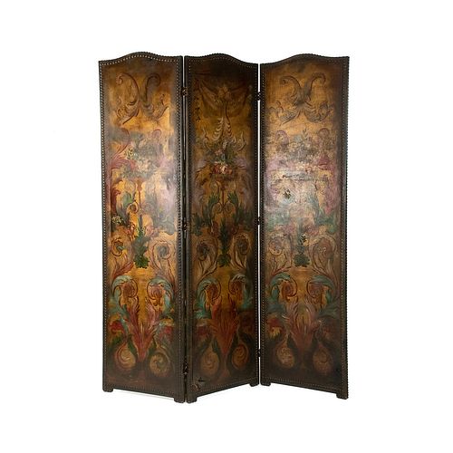 Antique English Painted Leather 3 Panel Screen