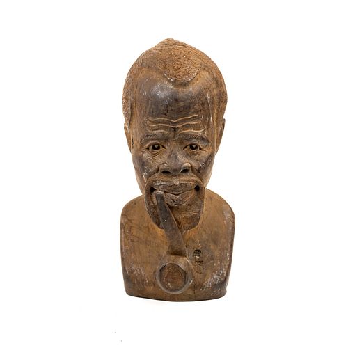 African Wood Carved Man Smoking Pipe Bust Sculpture