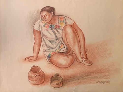 Raul Anguiano,"Mujer maya con dos vasijas"