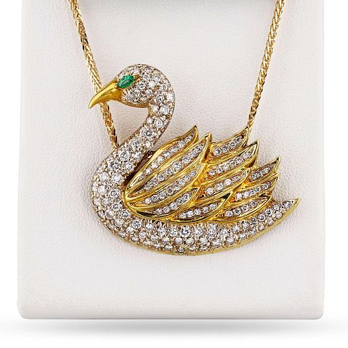 Emerald & Diamond 18K Yellow Gold Swan Design Pendant